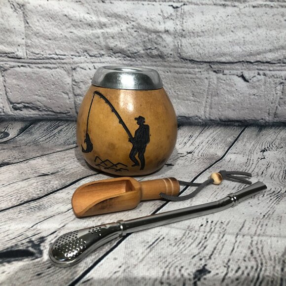 Yerba Mate Gourd Straw Stainless Cup KIT ARTISAN HANDMADE Fisherman - Picture 3 of 7
